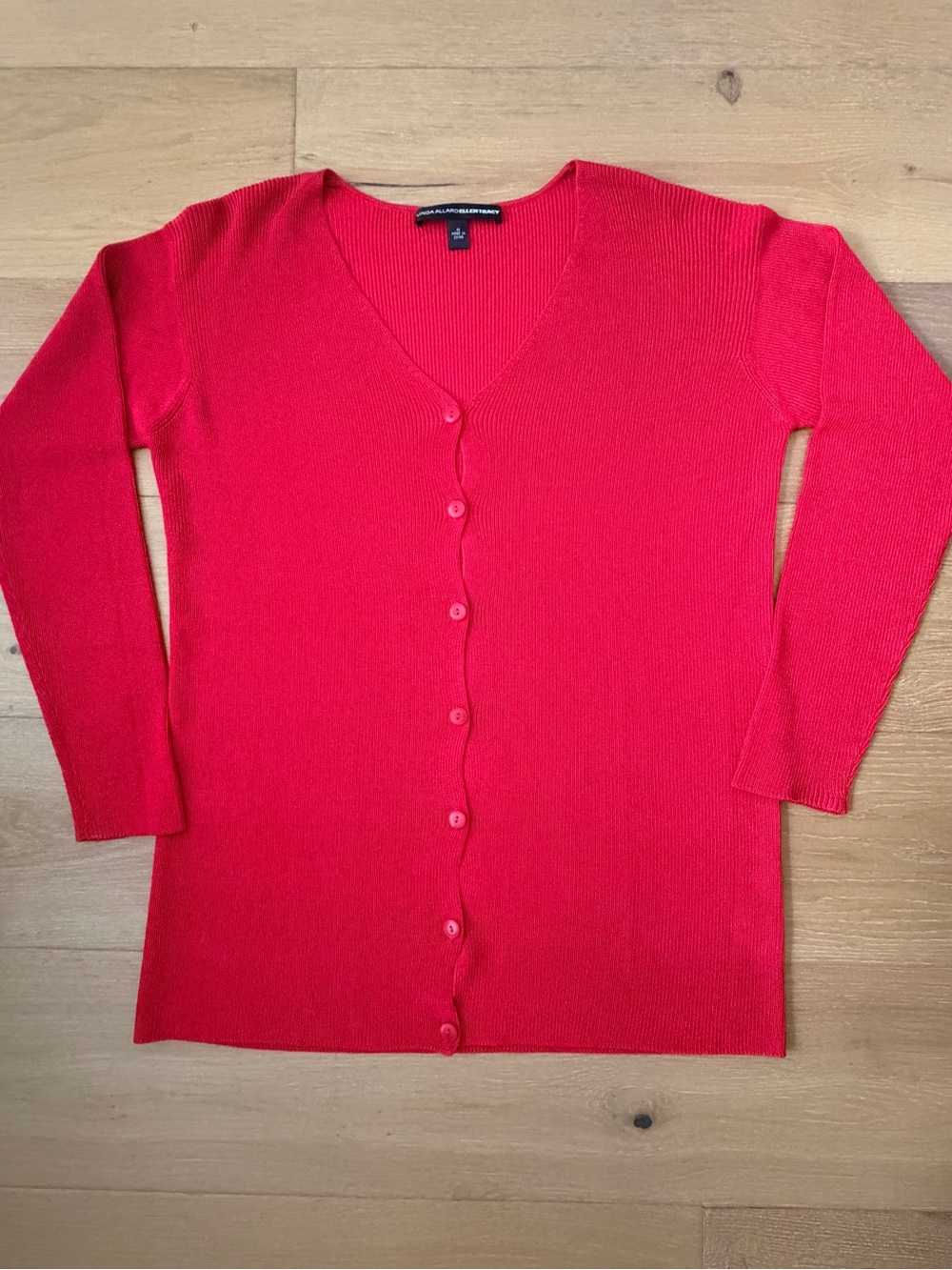 VTG 90s Linda Allard Ellen Tracy Silk Cardigan Sweater Ribbed V-Neck Red Medium